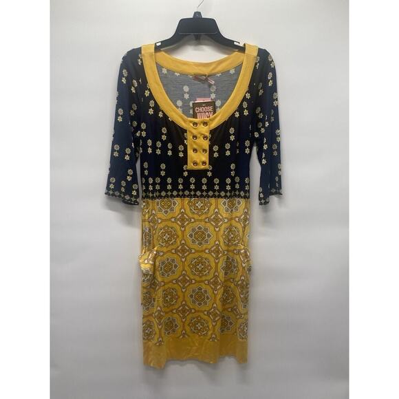 Juicy Couture Women’s Silk Regal Jackie Geometric Print Dress Size L Yellow Navy - Picture 2 of 9